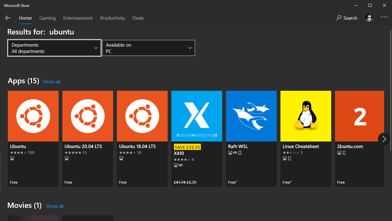 Screenshot of Windows Store showing search result for Ubuntu